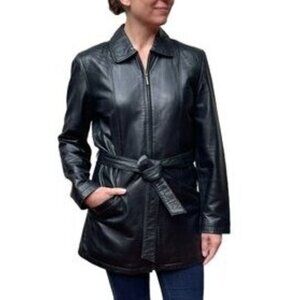 Juliet Michelle Black Belted Leather Jacket Women's L real genuine leather coat